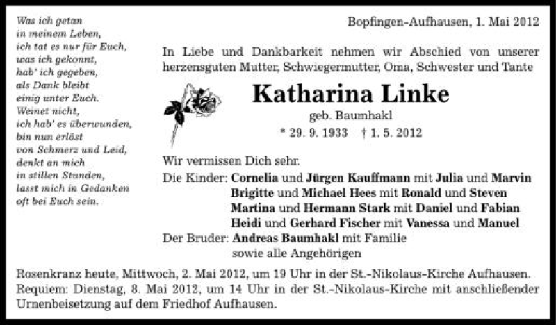  Traueranzeige für Katharina Linke vom 02.05.2012 aus Schwäbische Zeitung