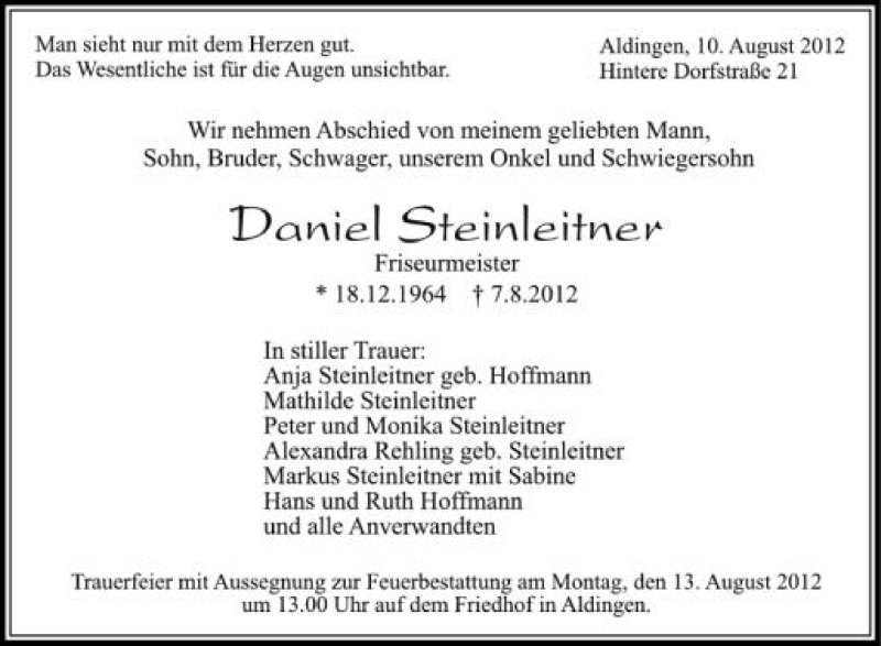  Traueranzeige für Daniel Steinleitner vom 10.08.2012 aus Schwäbische Zeitung