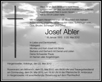 Anzeige von Josef Abler von Schwäbische Zeitung