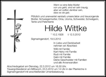 Anzeige von Hilde Wittke von Schwäbische Zeitung