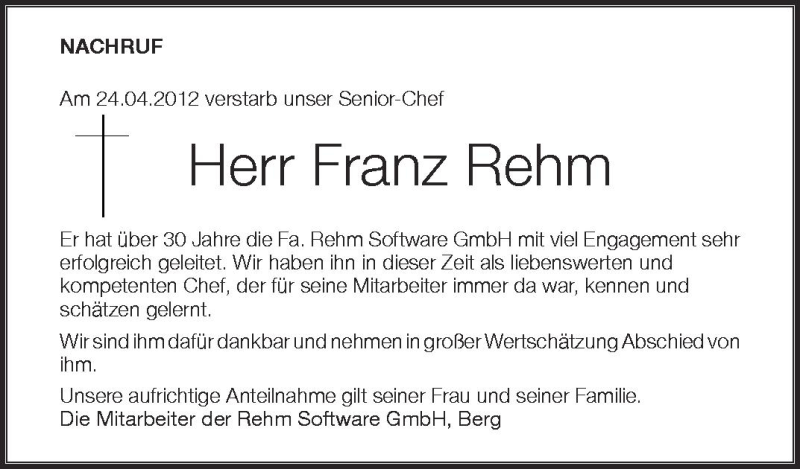  Traueranzeige für Franz Rehm vom 27.04.2012 aus Schwäbische Zeitung