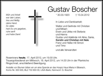 Anzeige von Gustav Boscher von Schwäbische Zeitung
