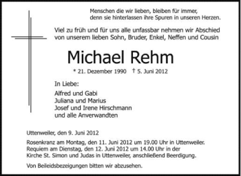 Anzeige von Michael Rehm von Schwäbische Zeitung