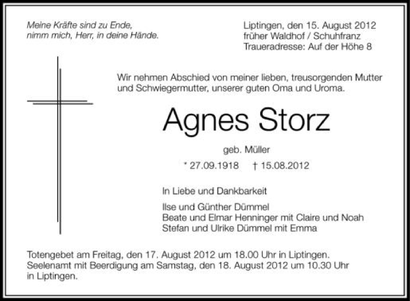  Traueranzeige für Agnes Storz vom 16.08.2012 aus Schwäbische Zeitung
