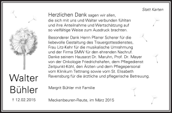 Anzeige von Walter Bühler von Schwäbische Zeitung