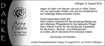 Anzeige von Anna Häfele von Schwäbische Zeitung