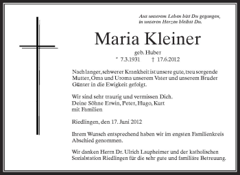 Anzeige von Maria Kleiner von Schwäbische Zeitung