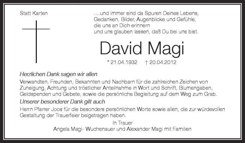  Traueranzeige für David Magi vom 28.04.2012 aus Schwäbische Zeitung