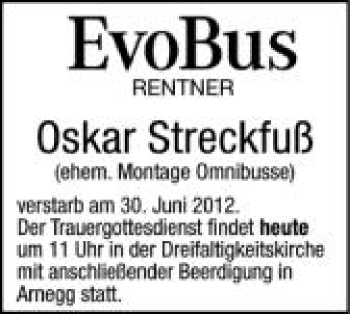 Anzeige von Oskar Streckfuß von Schwäbische Zeitung