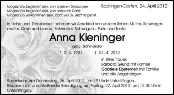 Anzeige von Anna Kieninger von Schwäbische Zeitung