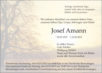 Anzeige von Josef Amann von Schwäbische Zeitung