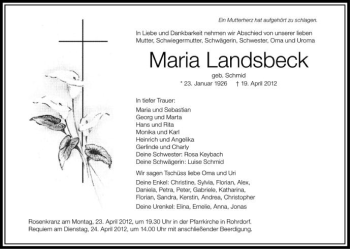 Anzeige von Maria Landsbeck von Schwäbische Zeitung