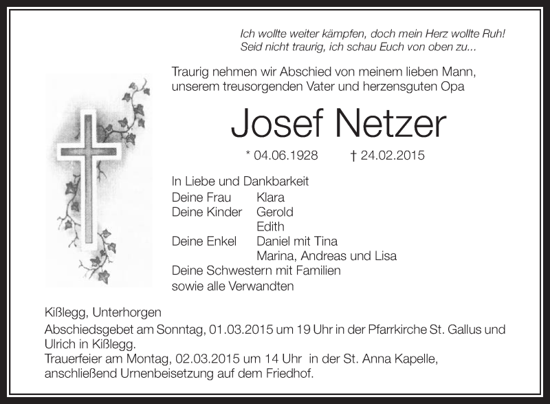  Traueranzeige für Josef Netzer vom 28.02.2015 aus Schwäbische Zeitung
