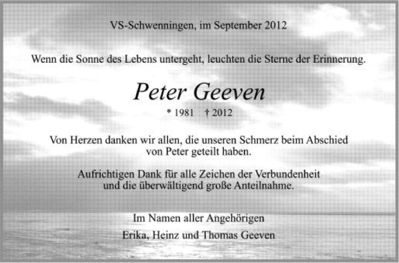  Traueranzeige für Peter Geeven vom 19.09.2012 aus Schwäbische Zeitung
