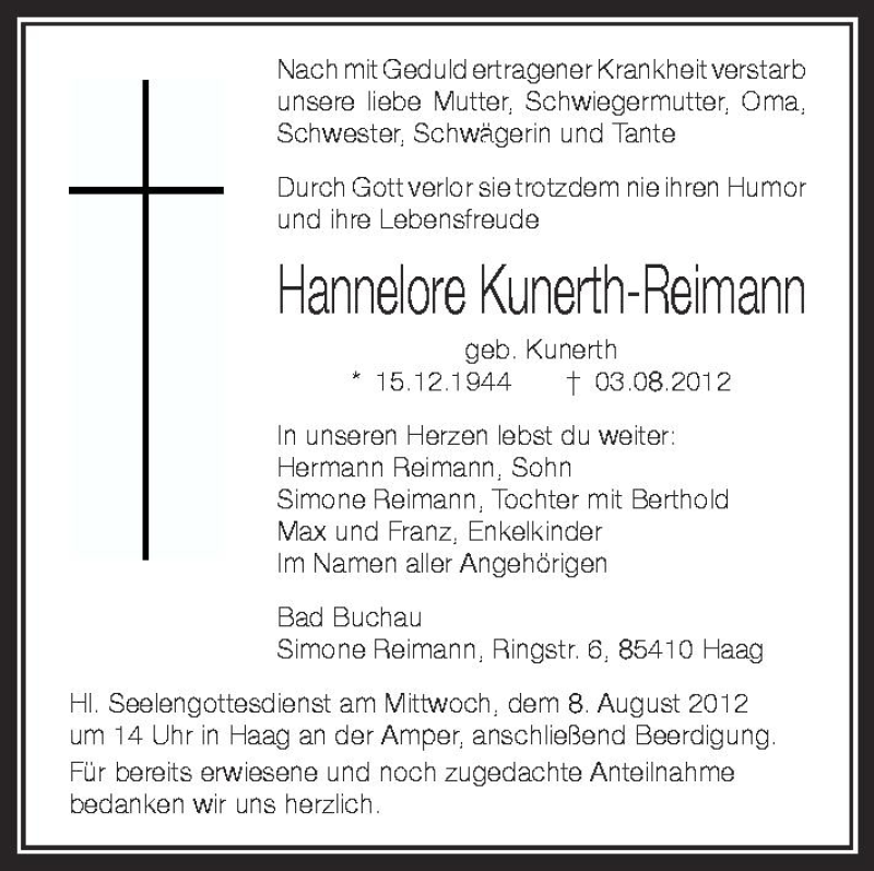  Traueranzeige für Hannelore Kunerth-Reimann vom 07.08.2012 aus Schwäbische Zeitung