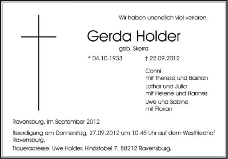  Traueranzeige für Gerda Holder vom 25.09.2012 aus Schwäbische Zeitung
