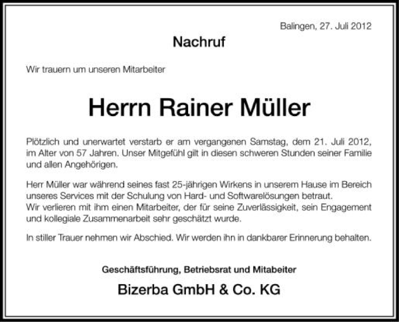  Traueranzeige für Rainer Müller vom 27.07.2012 aus Schwäbische Zeitung