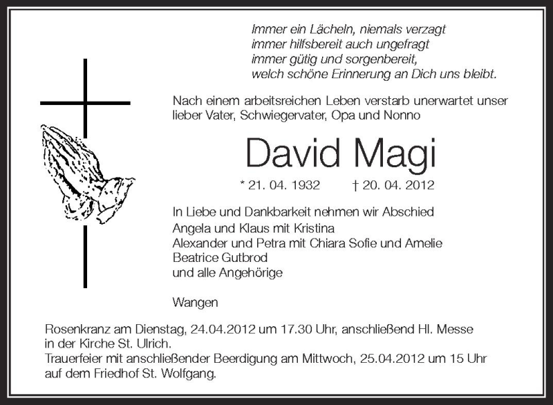  Traueranzeige für David Magi vom 23.04.2012 aus Schwäbische Zeitung
