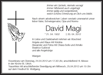 Anzeige von David Magi von Schwäbische Zeitung