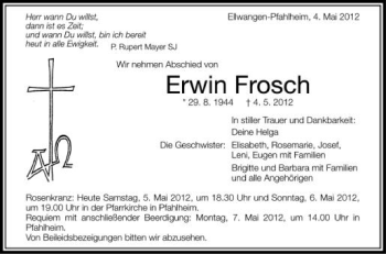 Anzeige von Erwin fROSCH von Schwäbische Zeitung