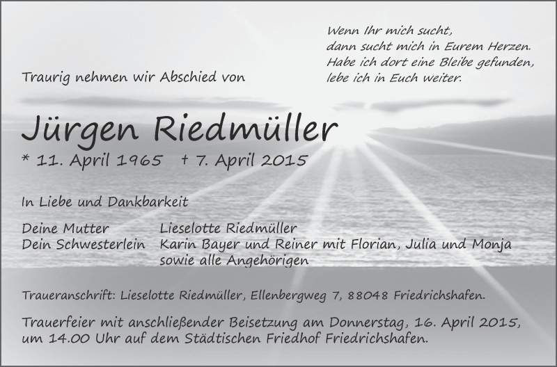  Traueranzeige für Jürgen Riedmüller vom 13.04.2015 aus Schwäbische Zeitung
