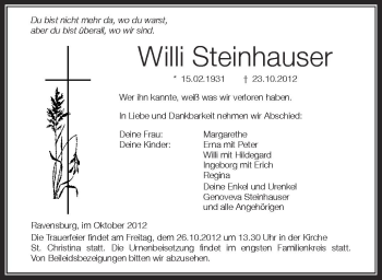 Anzeige von Willi Steinhauser von Schwäbische Zeitung