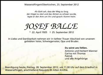 Anzeige von Josef Balle von Schwäbische Zeitung