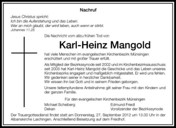 Anzeige von Karl-Heinz Mangold von Schwäbische Zeitung