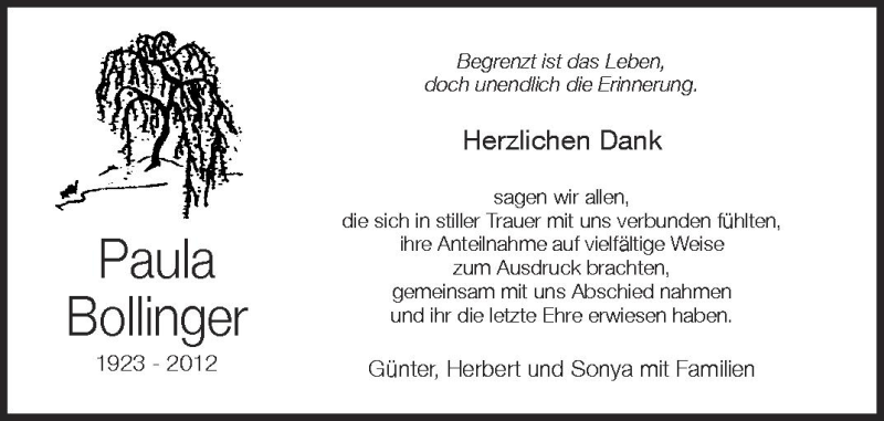  Traueranzeige für Paula Bollinger vom 17.07.2012 aus Schwäbische Zeitung