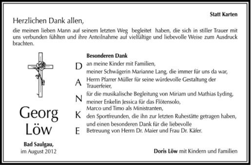  Traueranzeige für Georg Löw vom 12.09.2012 aus Schwäbische Zeitung