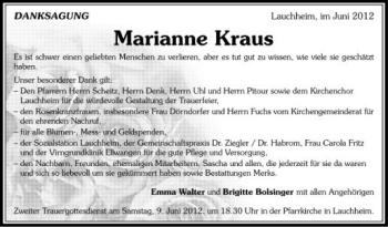 Anzeige von Marianne Kraus von Schwäbische Zeitung