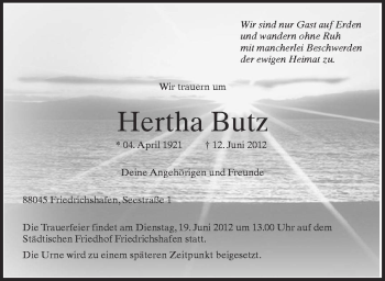 Anzeige von Hertha Butz von Schwäbische Zeitung