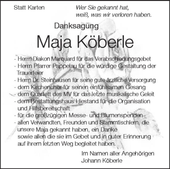 Anzeige von Maja Köberle von Schwäbische Zeitung