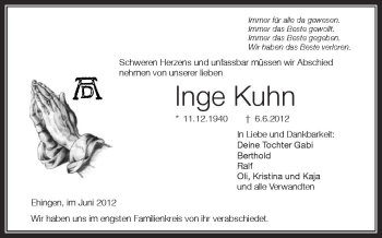 Anzeige von Inge Kuhn von Schwäbische Zeitung