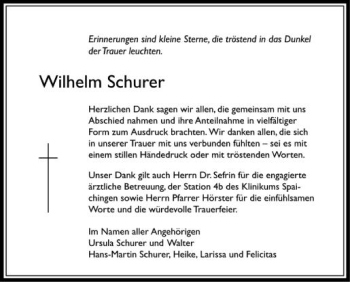 Anzeige von Wilhelm Schurer von Schwäbische Zeitung