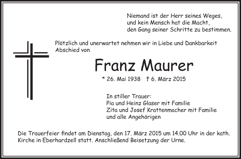  Traueranzeige für Franz Maurer vom 14.03.2015 aus Schwäbische Zeitung