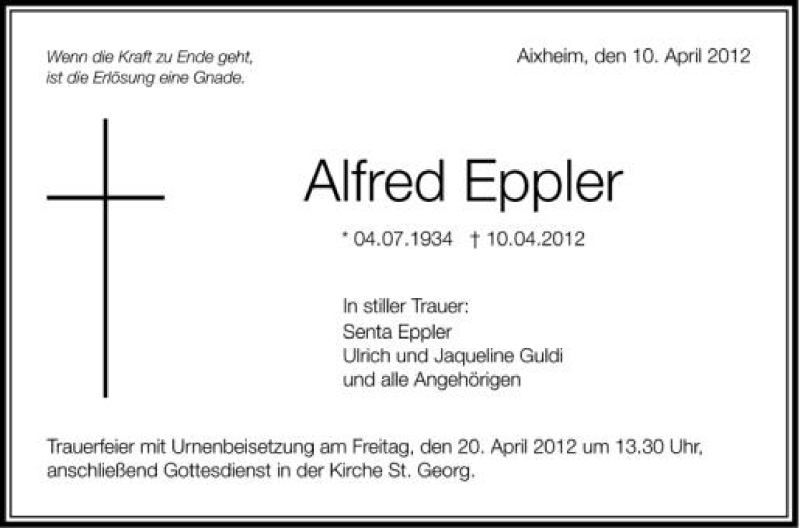  Traueranzeige für Alfred Eppler vom 17.04.2012 aus Schwäbische Zeitung