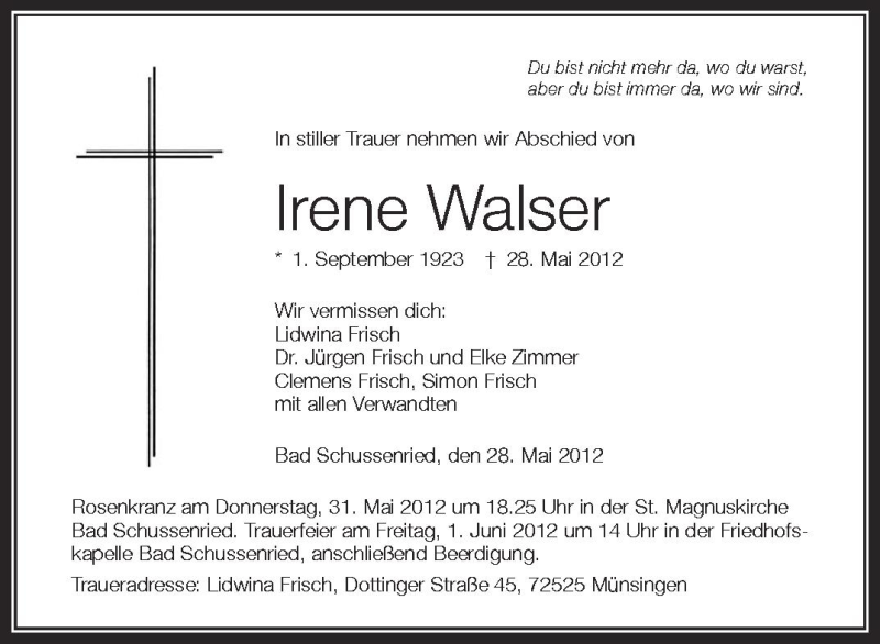  Traueranzeige für Irene Walser vom 30.05.2012 aus Schwäbische Zeitung