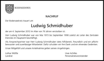 Anzeige von Ludwig Schmidhuber von Schwäbische Zeitung