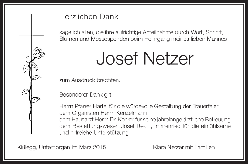  Traueranzeige für Josef Netzer vom 11.03.2015 aus Schwäbische Zeitung