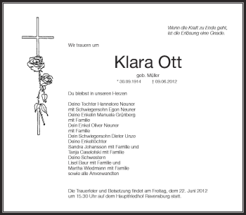 Anzeige von Klara Ott von Schwäbische Zeitung
