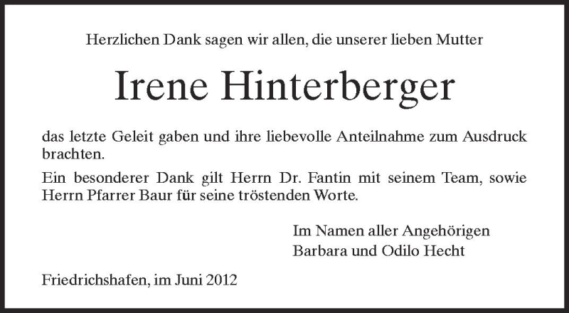  Traueranzeige für Irene Hinterbeger vom 06.06.2012 aus Schwäbische Zeitung