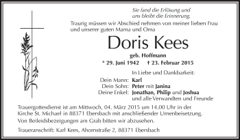 Anzeige von Doris Kees von Schwäbische Zeitung