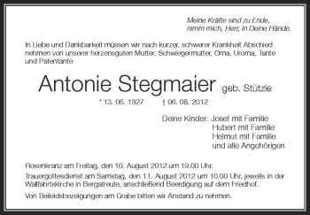 Anzeige von Antonie Stegmaier von Schwäbische Zeitung