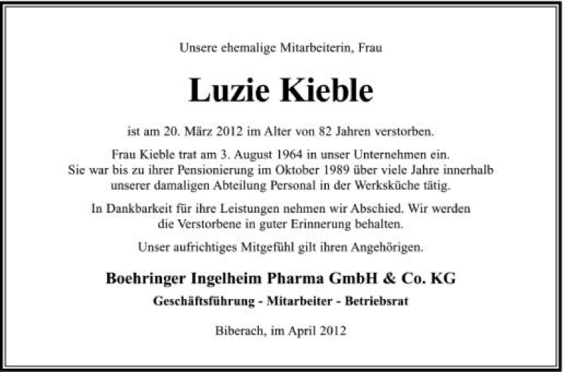 Traueranzeige für Luzie Kieble vom 13.04.2012 aus Schwäbische Zeitung