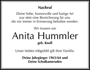 Anzeige von Anita Hummler von Schwäbische Zeitung