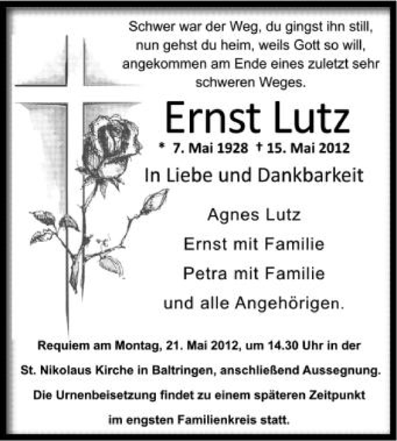  Traueranzeige für Ernst Lutz vom 19.05.2012 aus Schwäbische Zeitung