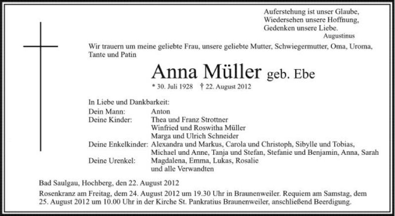  Traueranzeige für Anna Müller vom 24.08.2012 aus Schwäbische Zeitung