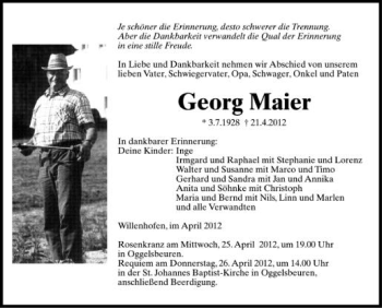 Anzeige von Georg Maier von Schwäbische Zeitung