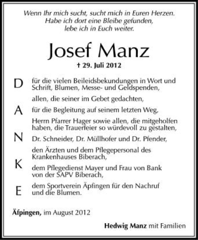  Traueranzeige für Josef Manz vom 10.08.2012 aus Schwäbische Zeitung